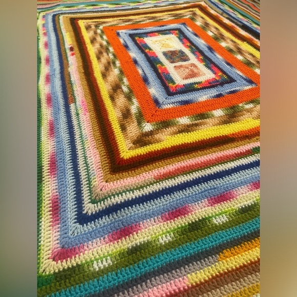Handmade Crocheted Afghan Blanket Throw Quilt Multicolor Rainbow 58X66 - Picture 4 of 7